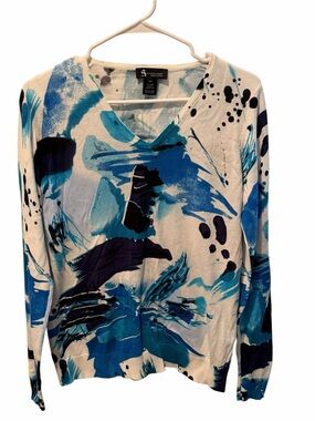 Alison Sheri Abstract Blue White V-Neck Lightweight Knit Sweater Small